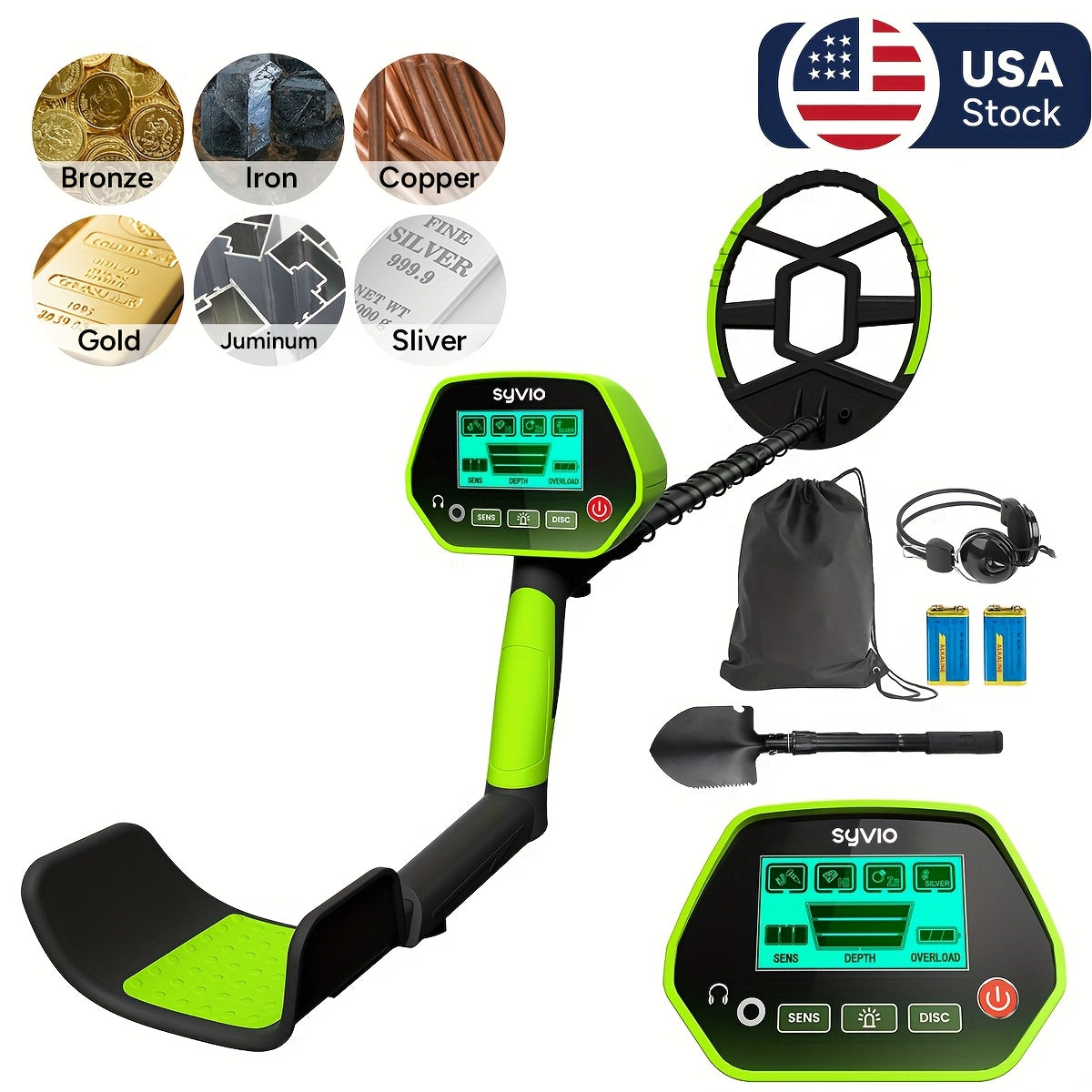 Outdoor Metal Detector with Listed 8-Inch Search Coil, LCD Display and Four Modes, Green, Yellow or Basic Version Options for Garden and Yard Hobby Searching