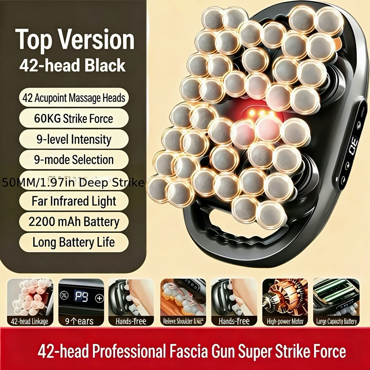 Nine-Mode Muscle Massager with Listed 42-Head Design, Black Gray Fascia Massage Device for Adult Personal Care and At-Home Relaxation Gift Ideas