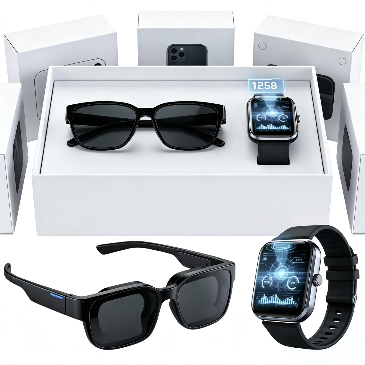AI Translation Glasses and Touchscreen Smartwatch Set, 164 Languages, Unisex Audio Eyewear with Music Playback and Multiple Sports Modes for Office and Travel