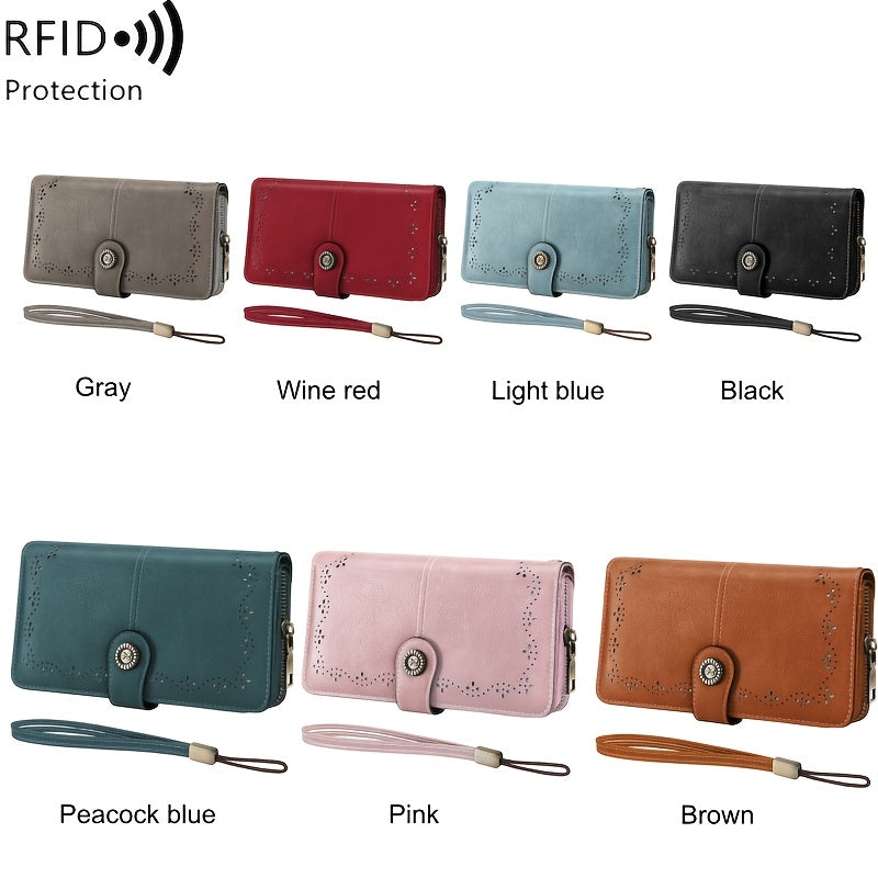 Bowknot Badge Long Wallet for Women with Wrist Strap and Zipper Closure, Retro Solid-Color Wristlet Purse in Seven Shades for Everyday and Travel Organization