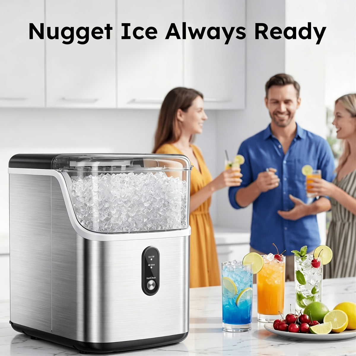 Carry-Handle Countertop Ice Maker with Bullet or Nugget Ice Option Labels, Self-Cleaning Wording, Basket and Scoop for Kitchen and Office Drink Preparation