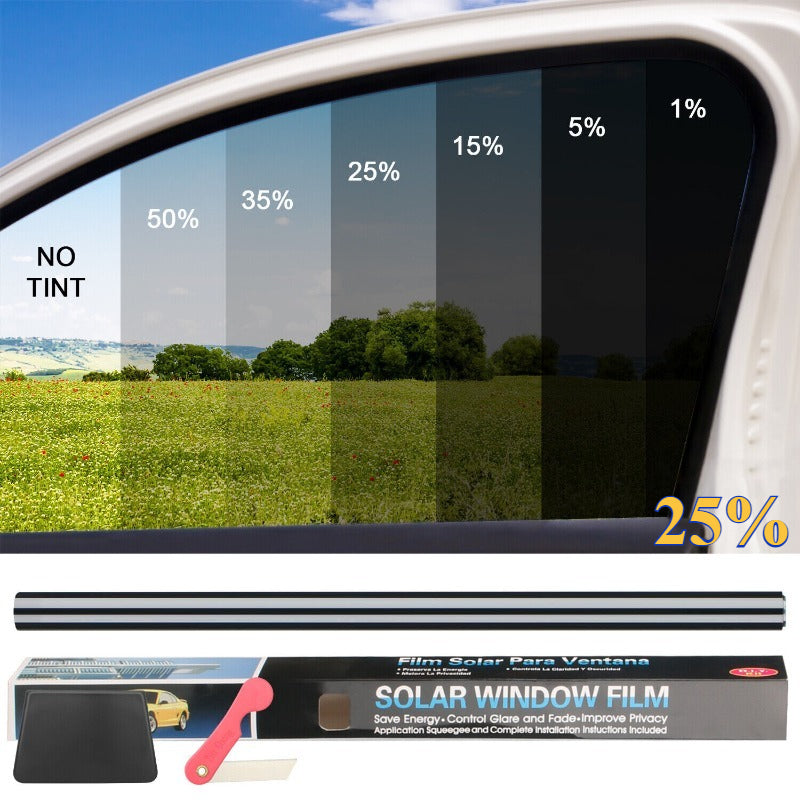 Black PET Car Window Tint Film with Six Percentage Model Labels, Listed 9.8-Foot by 20-Inch Roll with Scraper and Knife for Compatible Glass Projects