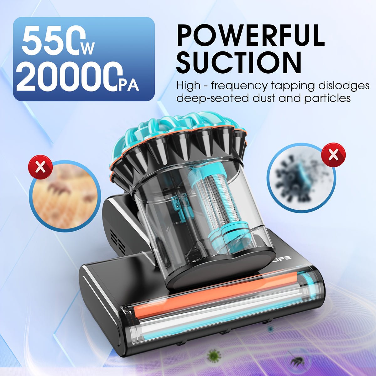 Corded Mattress Vacuum Cleaner in Blue with Listed 550W Motor, 20kPa Suction and Dual Dust Cups, Rotating Brush Bed Vacuum for Compatible Couch and Pillow Fabrics