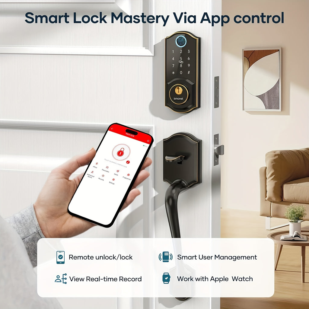 SMONET Fingerprint Deadbolt and Handle Set with Bluetooth, Digital Keypad, Phone App and Auto-Lock Wording, Black, Silvery or Oil Rubbed Bronze Options