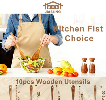 Wooden Cooking Utensils Set, 10-Piece Teak Kitchen Spoon and Spatula Tool Options for Everyday Stirring, Mixing and Meal Preparation in Home Kitchens