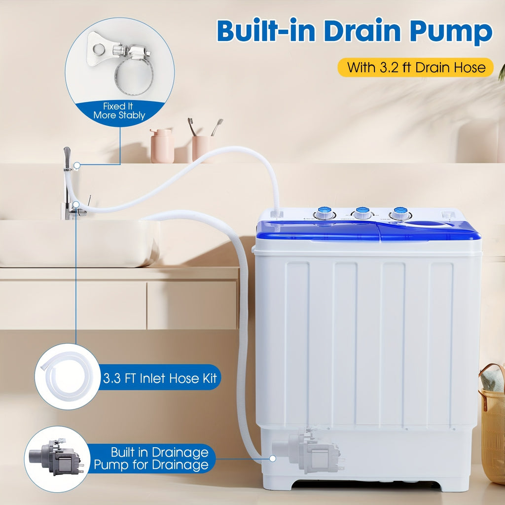 Twin Tub Laundry Washer with Drain Pump, Portable Washing Machine with Listed 18lb Wash and 10lb Spin Capacities for Apartments and Small Spaces
