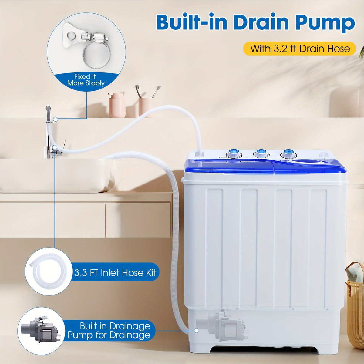 Twin Tub Laundry Washer with Drain Pump, Portable Washing Machine with Listed 18lb Wash and 10lb Spin Capacities for Apartments and Small Spaces