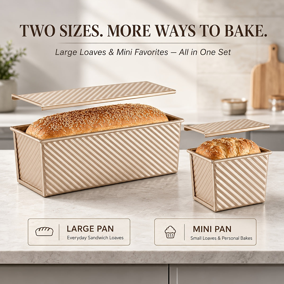 Pullman Loaf Pan Set with Lids, Golden Nonstick Corrugated Carbon Steel Bread Pans in Listed 2.2 LB and 0.5 LB Sizes for Sandwich Bread, Sourdough and Toast