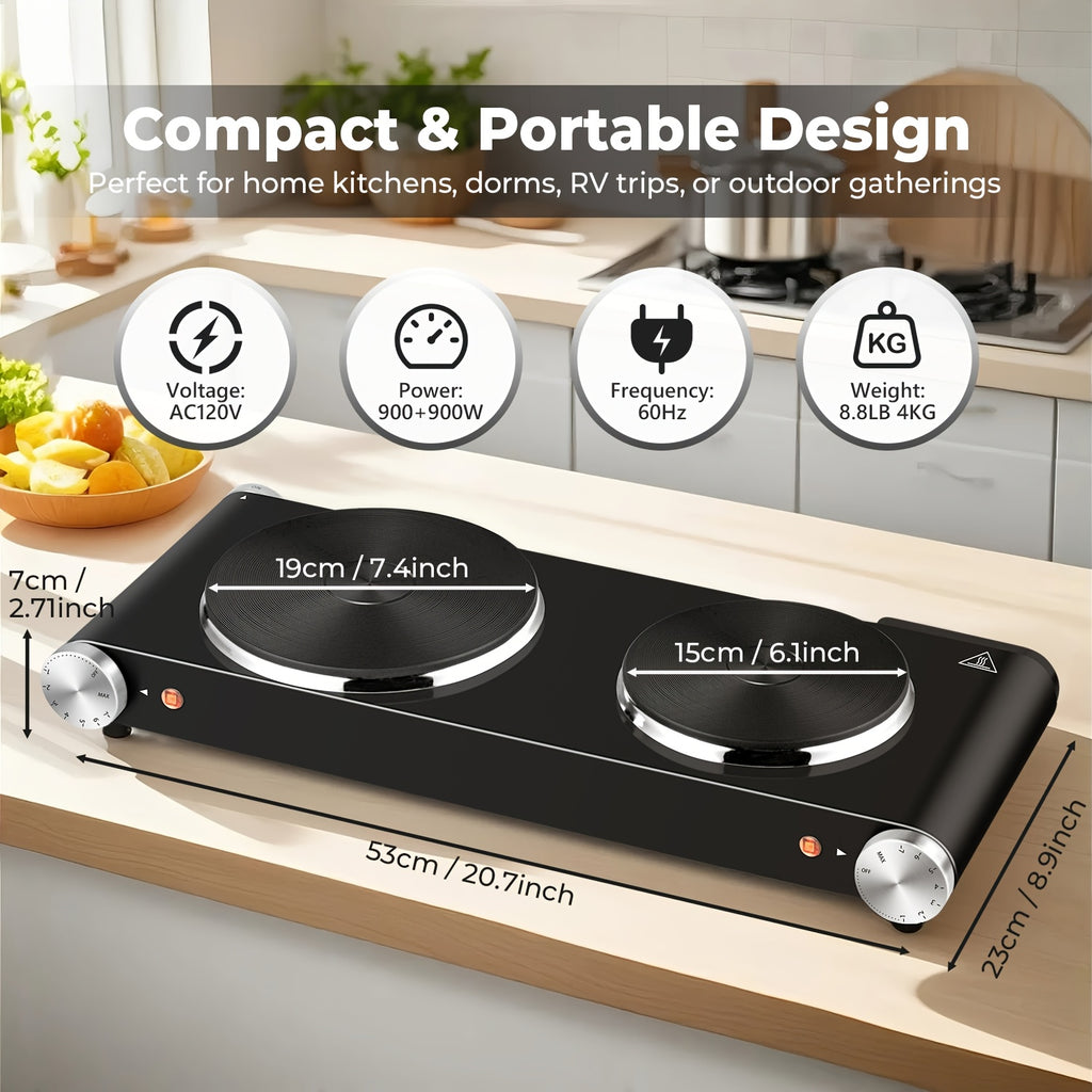 Double Burner Infrared Hot Plate by COKLAI MAX, Portable Electric Cooktop with Dual Temperature Control and Stainless Steel Body for Home Cooking