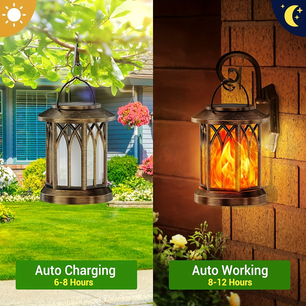 Flickering Flame Solar Hanging Lanterns, Black or Bronze 2-Pack and 4-Pack with Automatic On and Off and Listed IPX5 Rating for Garden and Patio Decor
