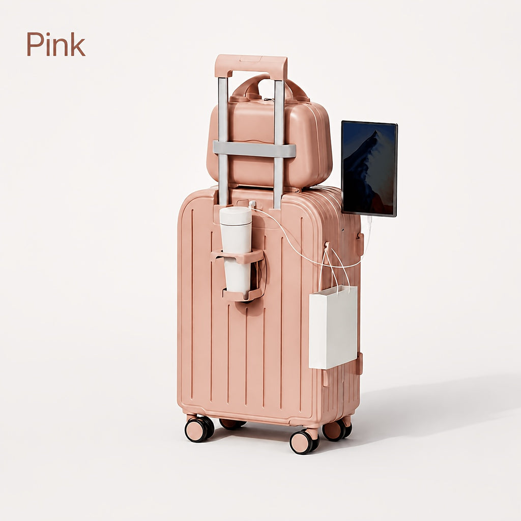 Hard-Shell Trolley Luggage with Zipper Closure and Solid-Color Design, Listed 20-Inch Pink, White, Yellow or Blue Set Labels and Dark Grey Single-Case Option