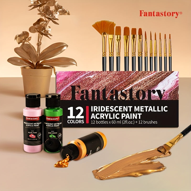Metallic Iridescent Acrylic Paint Set by Fantastory, 12 Colors in 2oz Bottles with 12 Brushes for Color-Shifting Canvas, Wood, Rock and Ceramic Crafts