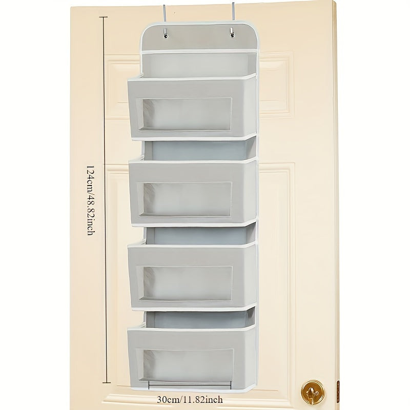 Four-Tier Fabric Door Organizer in Grey, Over-the-Door Pocket Storage for Bedroom Essentials, Bathroom Items and Closet Organization