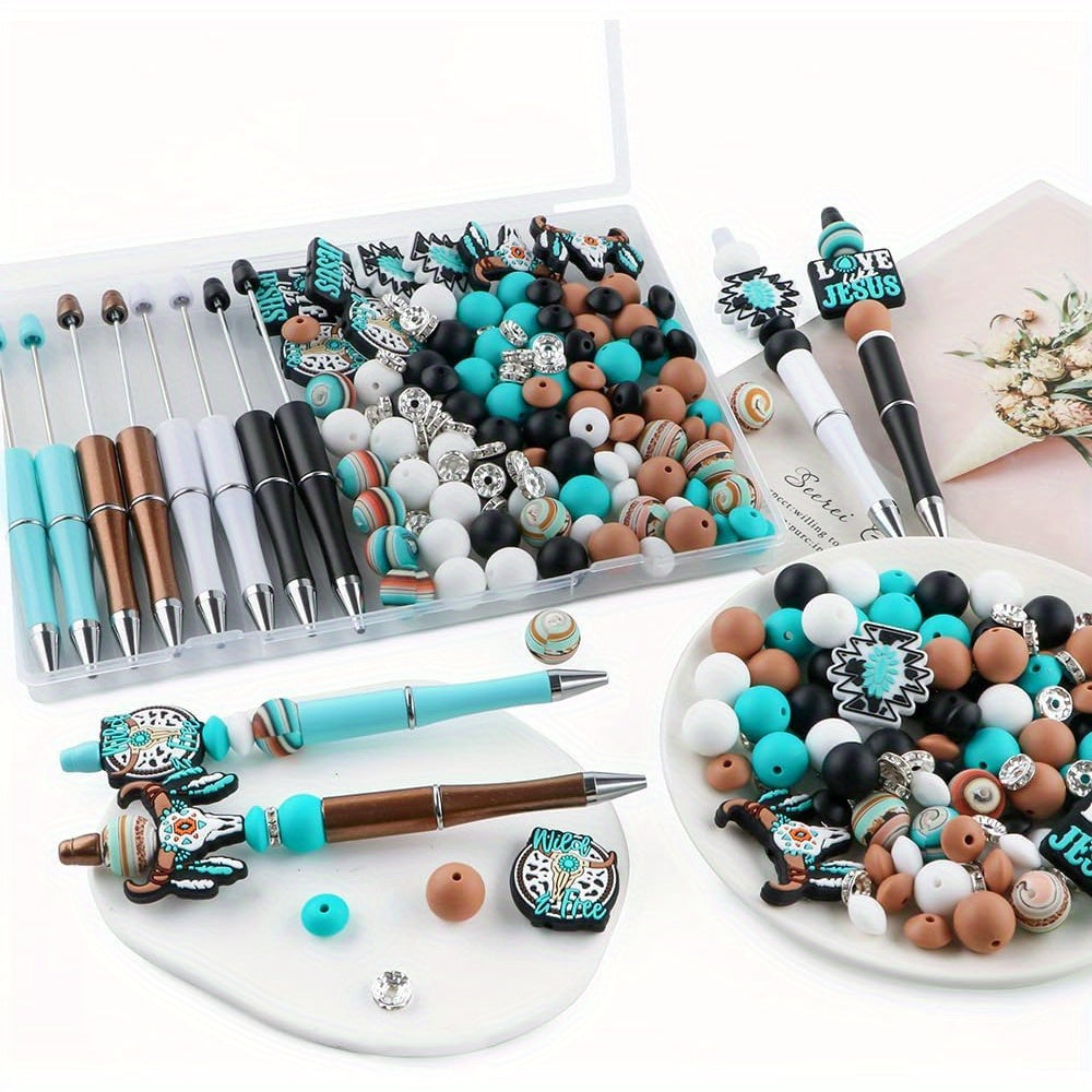 Turquoise Silicone Beads for Pens and Keychains, 146-Piece Mixed Craft Assortment with Listed 10mm Round and 12mm/15mm Beads for DIY Jewelry and Decorations