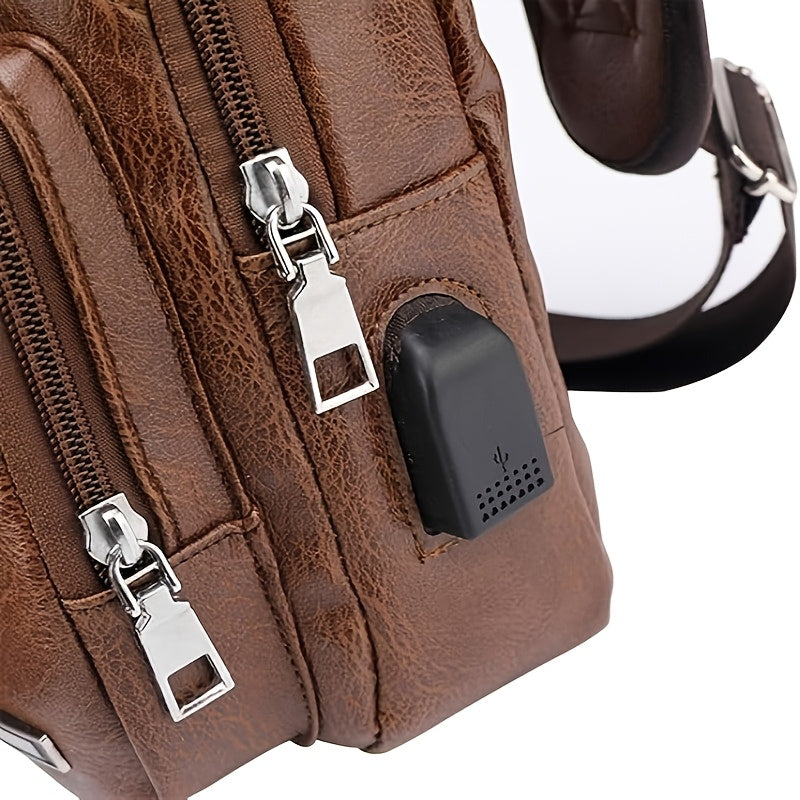 Faux Leather Sling Chest Bag with USB Port for Men and Women, Mini Single-Strap Crossbody Carry Bag in Black or Light Brown for Daily Outings and Travel