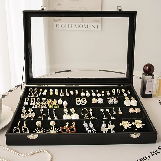 Glass Lid Jewelry Organizer in Black Synthetic Leather with Multi-Compartment Storage, Necklace Box or Earring Box Options for Dressers and Gift Selection