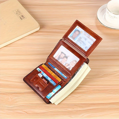 RFID Blocking Leather Wallet for Men with Listed Two ID Windows and Vintage Short Design, Yellow Brown, Grey Blue and Black Bifold Style Options