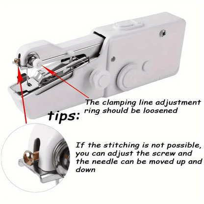 Handheld Sewing Machine Kit in Black or White, Battery-Powered Portable Fabric Tool with Needle, Threader, Spool Pin, Fabric Sample and Two Bobbins for Sewing Tasks
