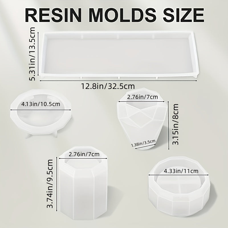 Bathroom Organizer Resin Mold Set with Four Listed Silicone Pieces, Toothbrush Holder Cup, Diffuser Bottle, Tray and Lidded Jar Design Wording for DIY Casting