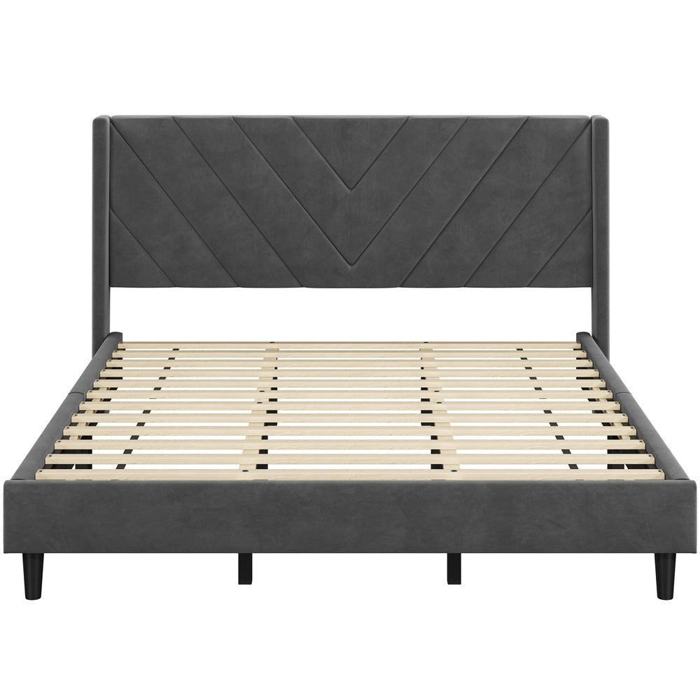 Velvet Platform Bed Frame by Costoffs with Wingback Headboard and Geometric Stitching, Wooden Slat Support, No Box Spring Needed, Twin to King Options