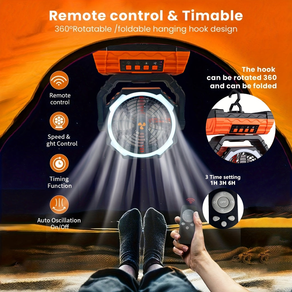 20000mAh Camping Fan with 4 LED Lanterns, Dual Motor Battery Powered Fan, 4-Speed Desk Fan with Hook, Remote Control Portable Outdoor Fan for Tent, Power Outage, Construction Site