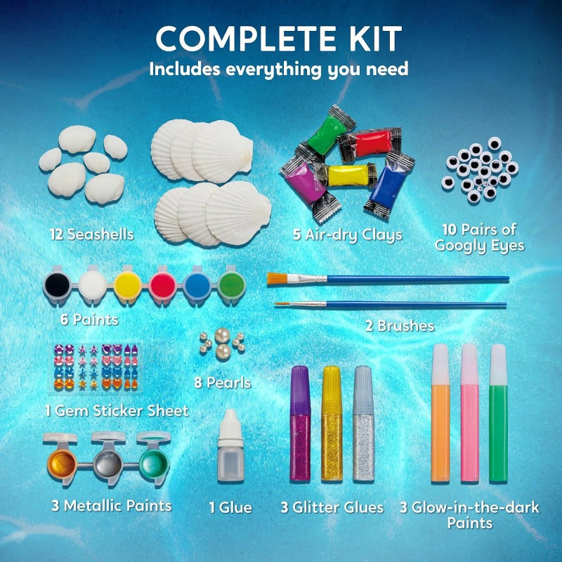 Seashell Painting Kit by SYNCFUN, 12-Shell Ocean Craft Set with 4 Glow-in-the-Dark Paint Bottles and 4 Brushes for Ages 6–12 Supervised Art Activities