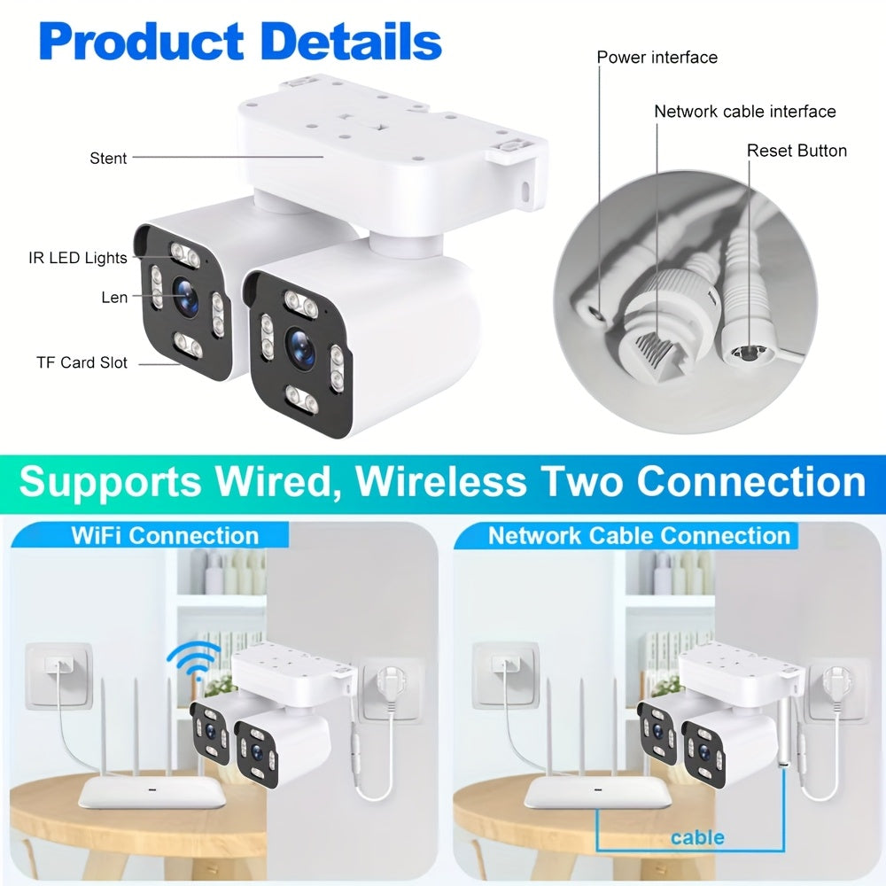 Wired-Power Dual Lens WiFi Security Camera with Listed 10X Electric Zoom, PTZ App Viewing, Night Vision, Two-Way Audio and Siren, Single or Two-Piece Options