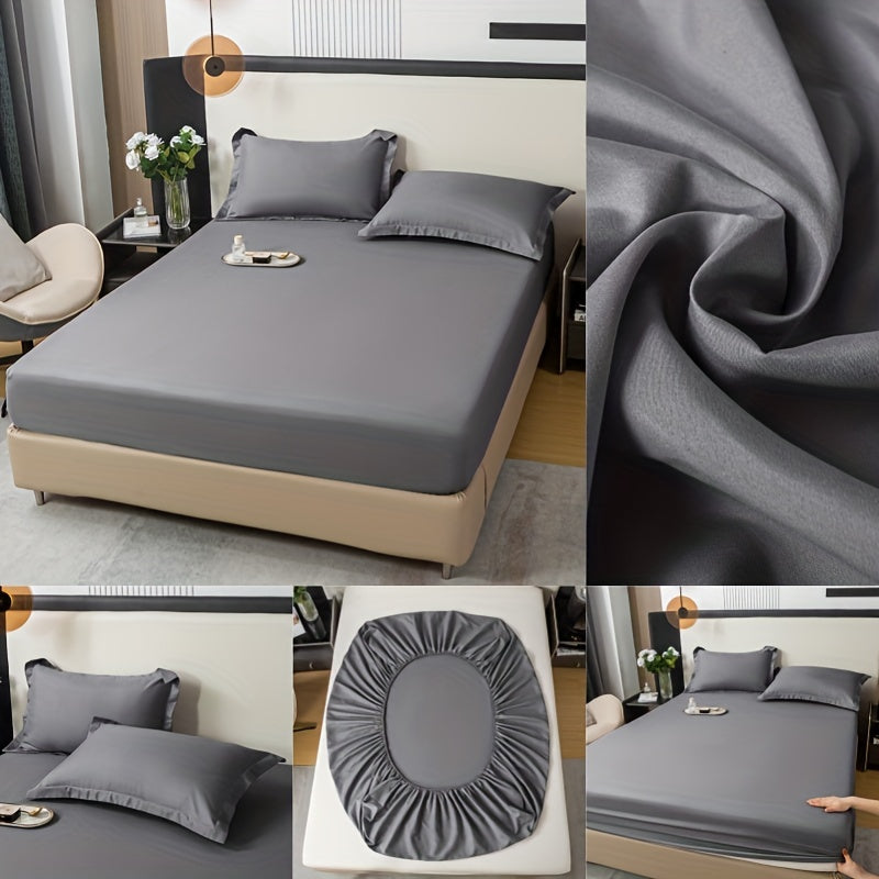 Three-Piece Solid Fitted Sheet and Pillowcase Set, One Soft-Feel Mattress Sheet with Two Pillowcases in Ten Size Labels and Six Colors for Home Bedrooms