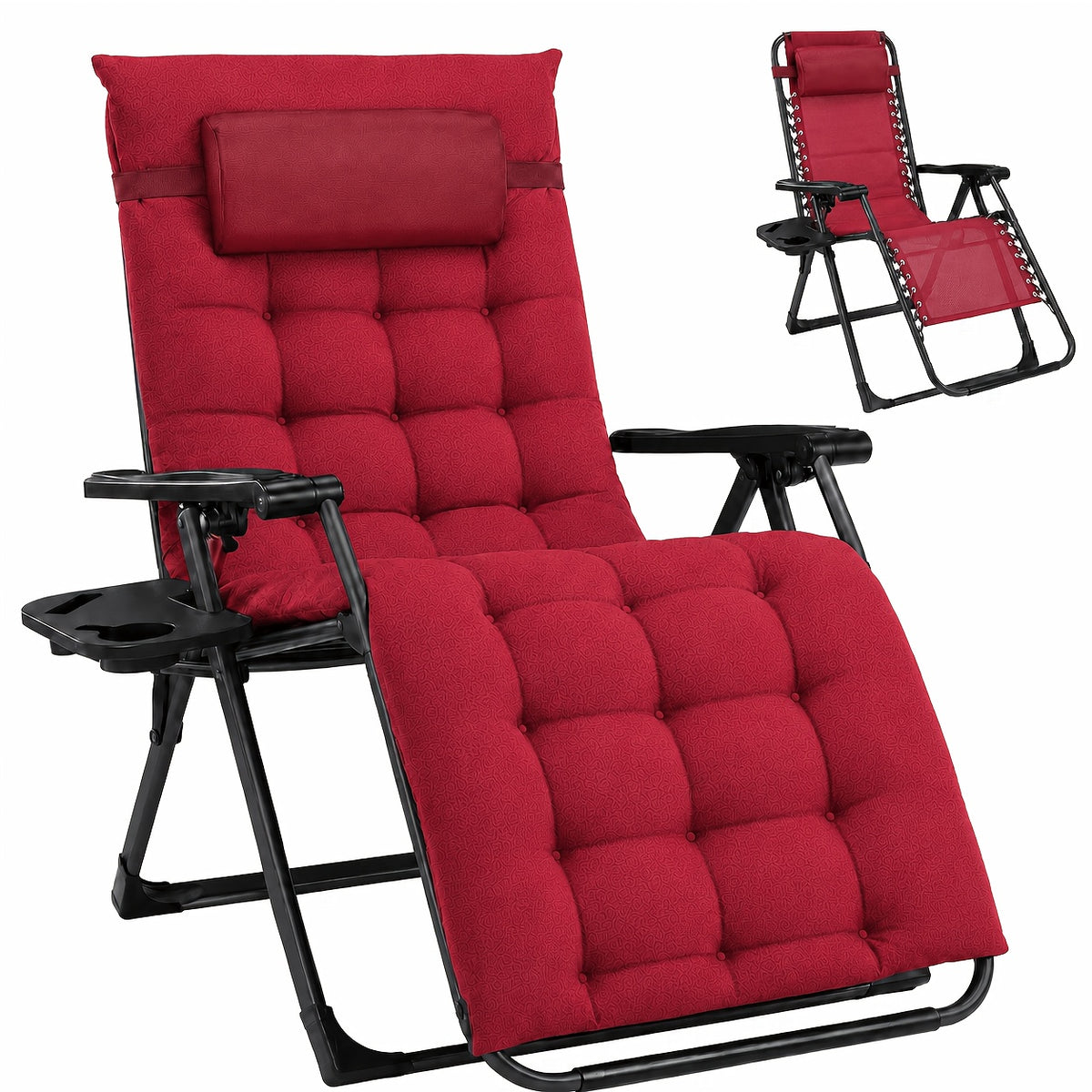 Cushioned Zero Gravity Recliner with Cup Holder Tray and Detachable Cushion, Folding Outdoor Lounge Chair with Headrest Reference and Six Color Options