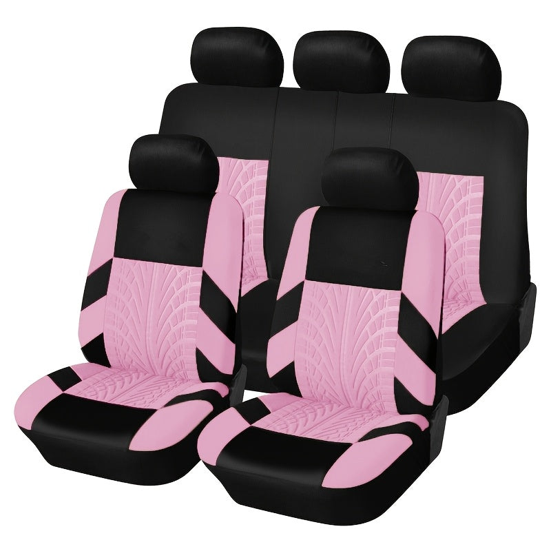 Tire-Track Car Seat Covers for Five Seats, Full-Enclosure Breathable Fabric Style with Two Front and Three Rear Seat Coverage in Multiple Color Options