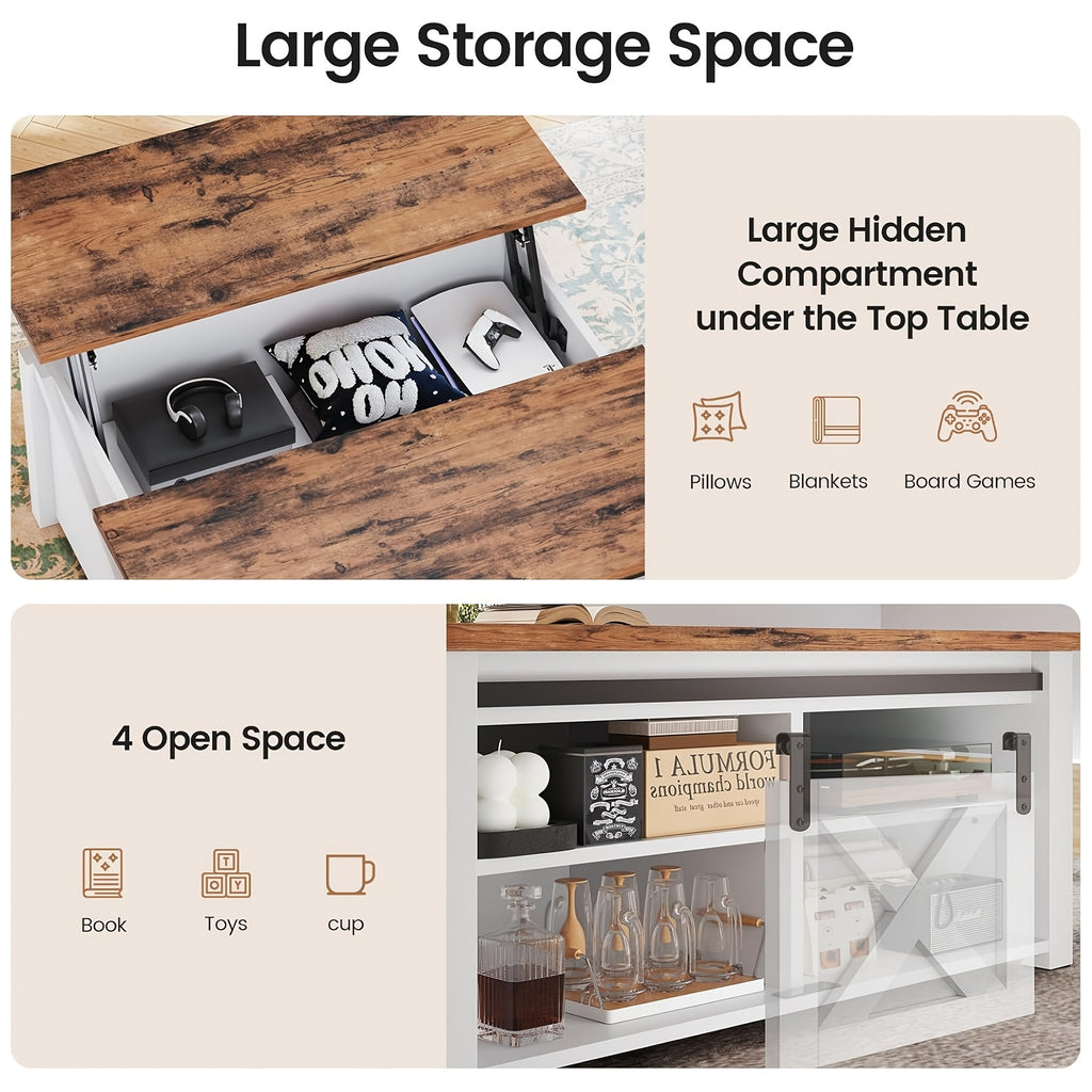 Lift Top Coffee Table with Storage, 31.5-Inch Square Farmhouse Design with Sliding Barn Door, Gas Strut Lift and Adjustable Shelves for Living Rooms