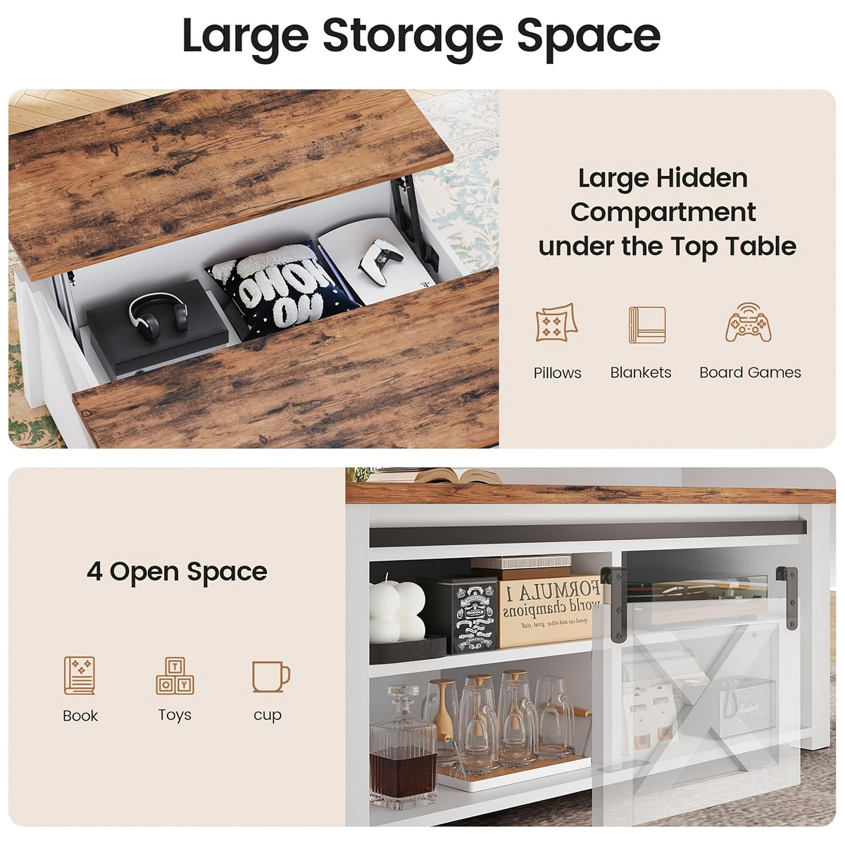 Lift Top Coffee Table with Storage, 31.5-Inch Square Farmhouse Design with Sliding Barn Door, Gas Strut Lift and Adjustable Shelves for Living Rooms