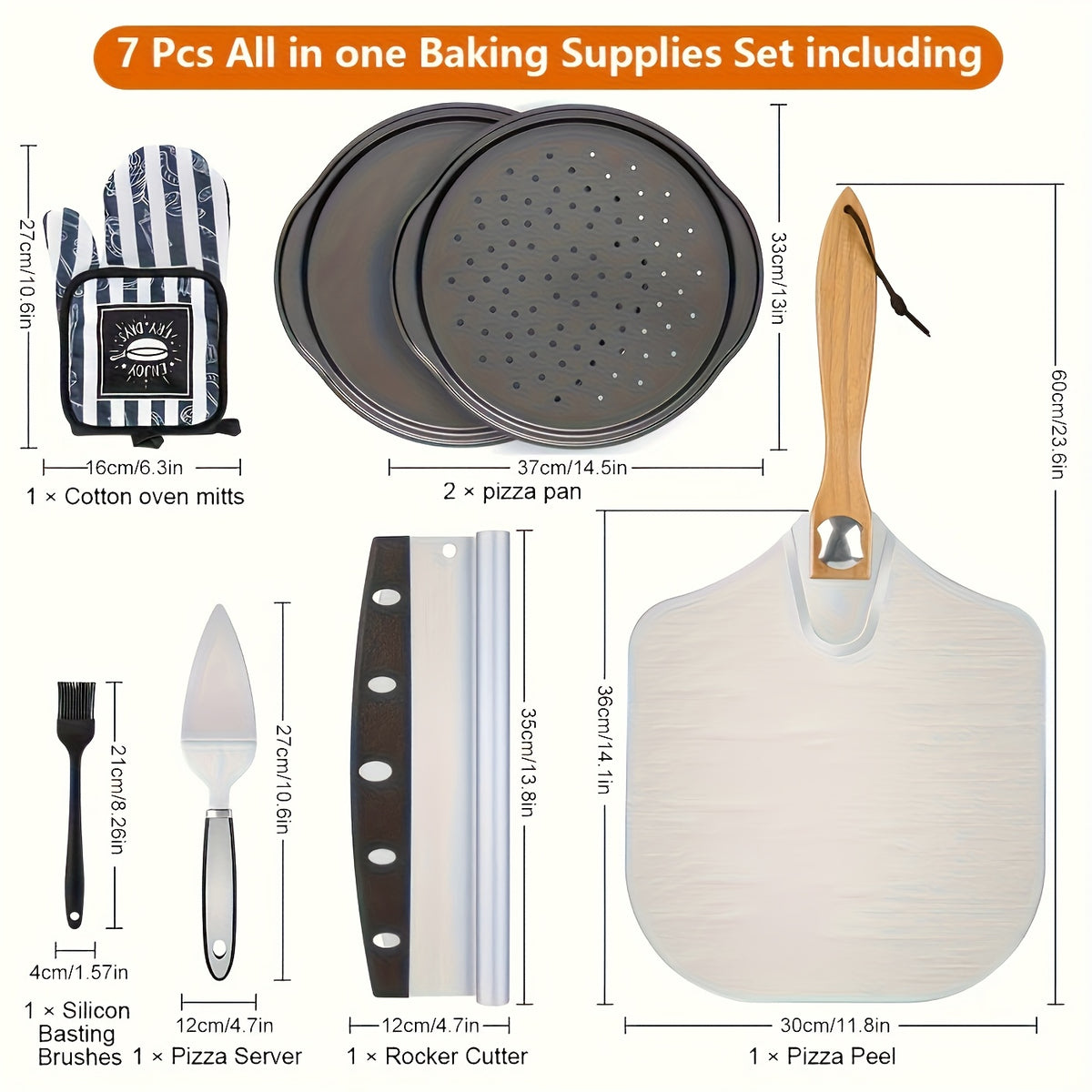 Pizza Tool Set, Seven-Piece Option with Listed Gloves, Oil Brush, Shovel and Knife for Homemade Pizza Preparation with Compatible Oven and BBQ Equipment