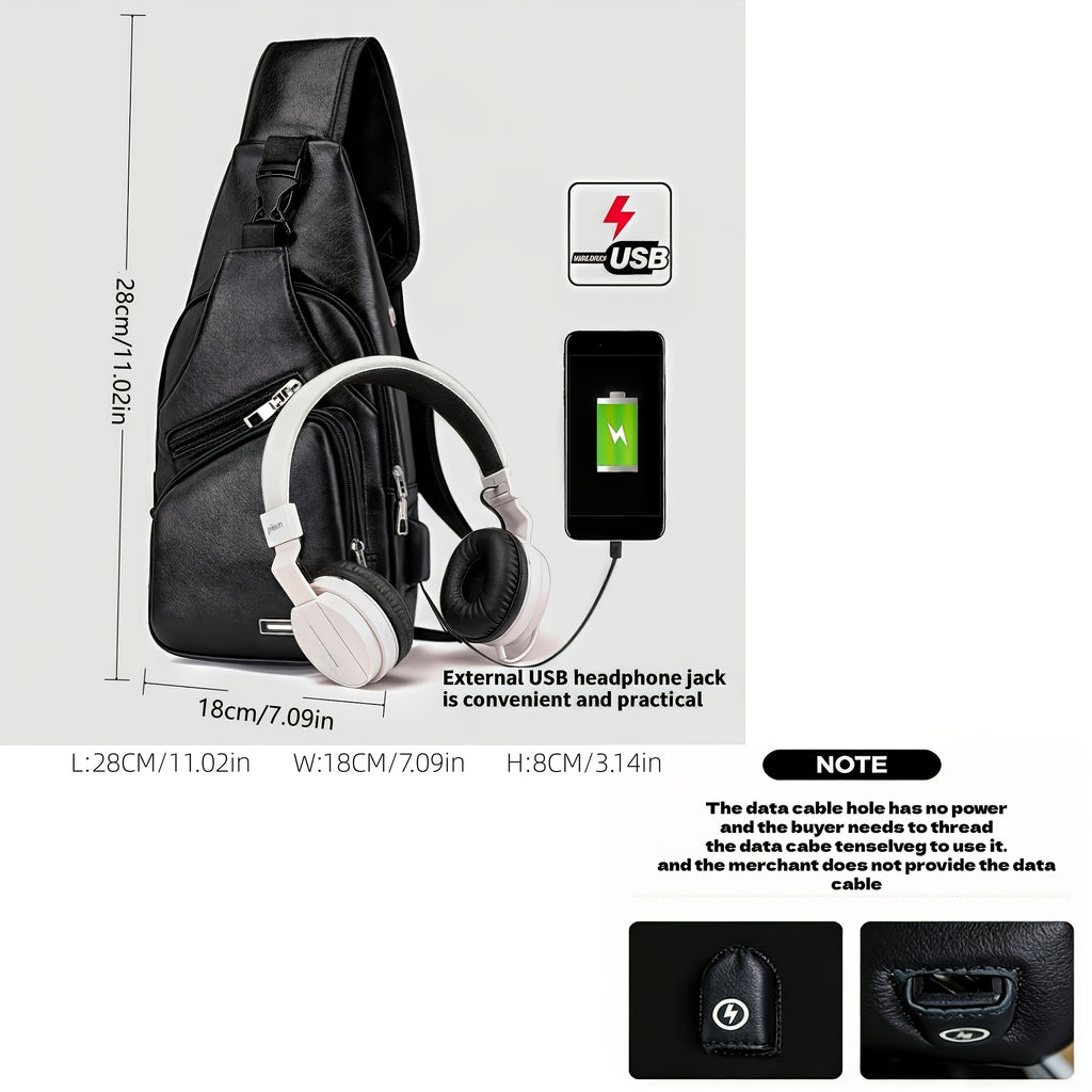 PU Leather Sling Bag for Men and Women with Adjustable Shoulder Strap, Zippered Pockets and Earphone Opening for Daily Walking, Hiking and Travel