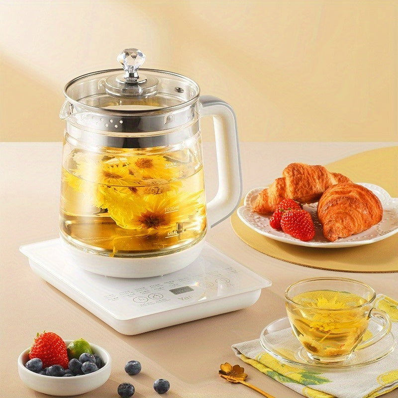 Yalulu Glass Electric Kettle with Listed 1.8L Capacity and 18 Functions, Removable SUS304 Tea Infuser, Glass Lid and Egg Steaming Rack, White US Plug Option