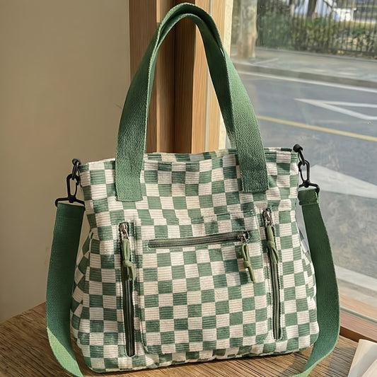 Checkered Tote Bag with Multi-Compartment Design, Textured Shoulder and Crossbody Commuter Bag for Work, School, Everyday Errands and Outings