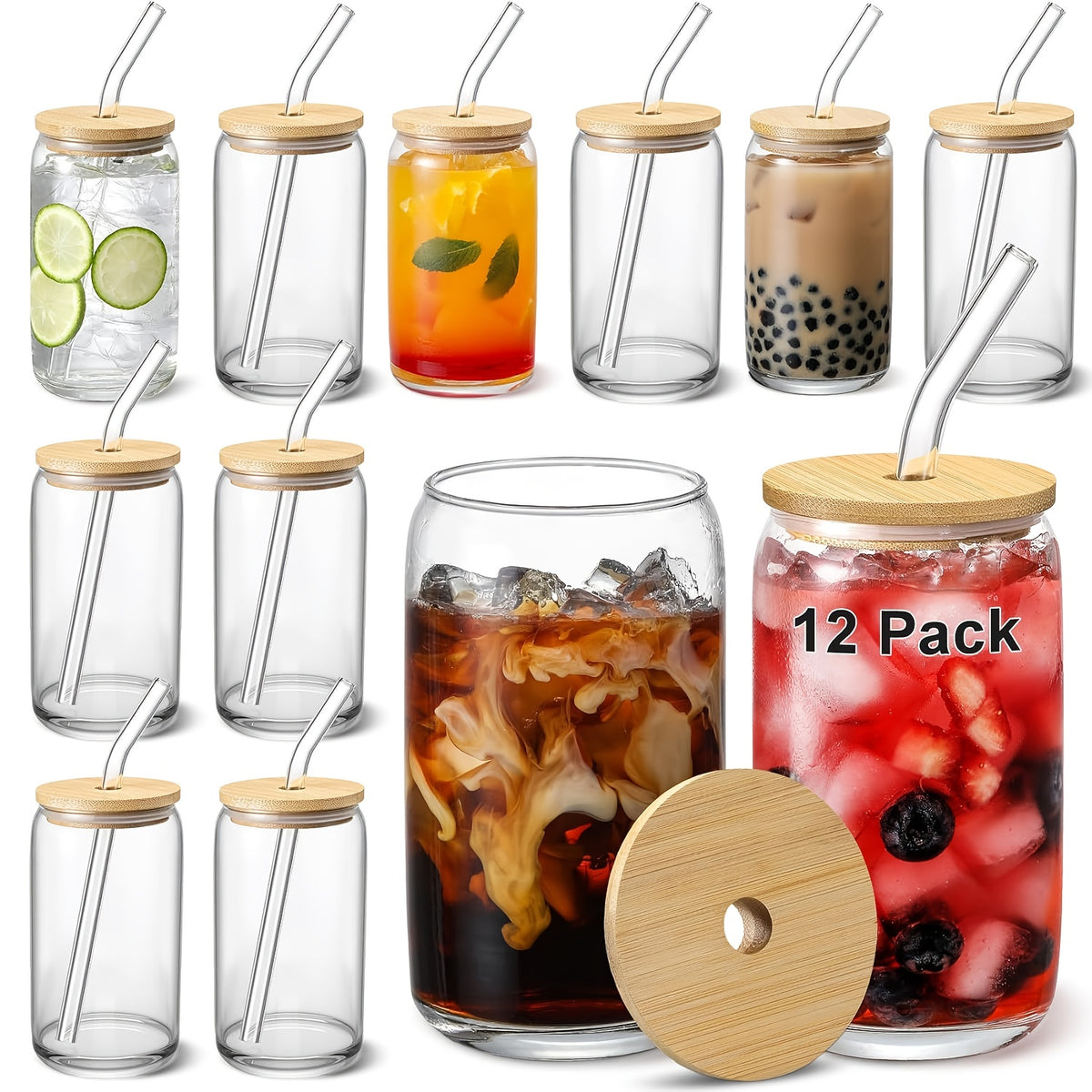 Iced Coffee Glass Set with 16oz Mason Jar Style Mugs, Bamboo Lids and Straws for Reusable Cold Beverage Serving at Home, Brunch Gatherings and Gift Giving