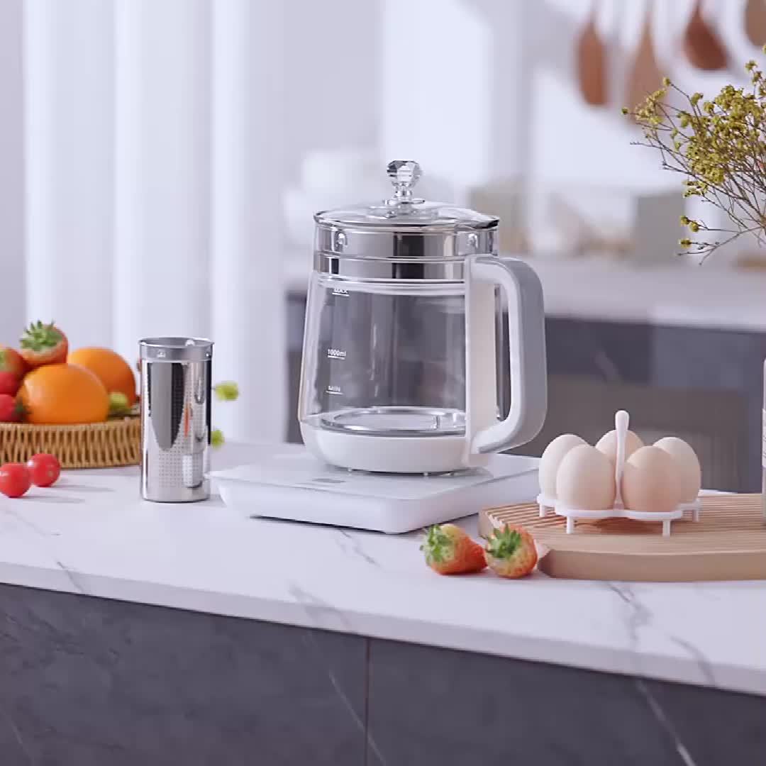 Yalulu Glass Electric Kettle with Listed 1.8L Capacity and 18 Functions, Removable SUS304 Tea Infuser, Glass Lid and Egg Steaming Rack, White US Plug Option