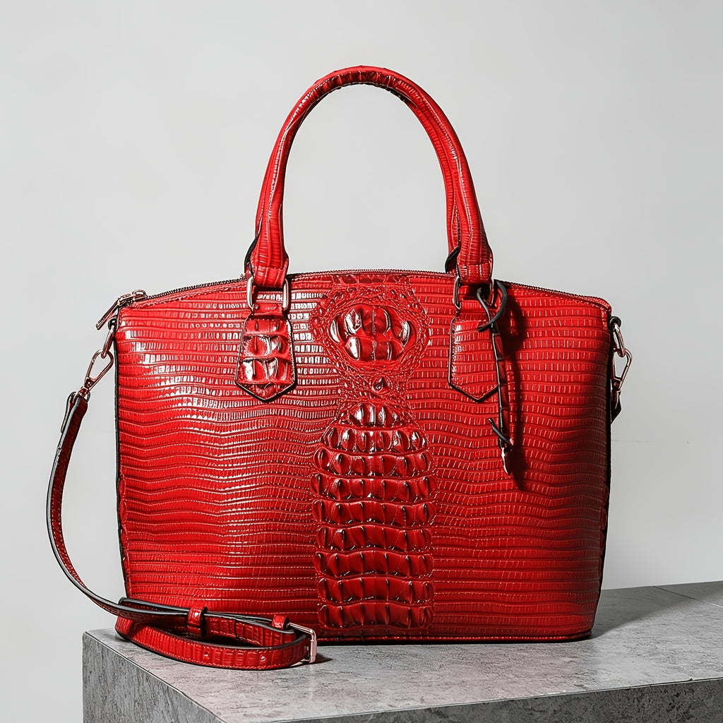 Crocodile-Design Work Handbag for Women with Detachable Shoulder Strap and Zipper Closure, Spacious Crossbody-Style Purse for Office and Everyday Wear