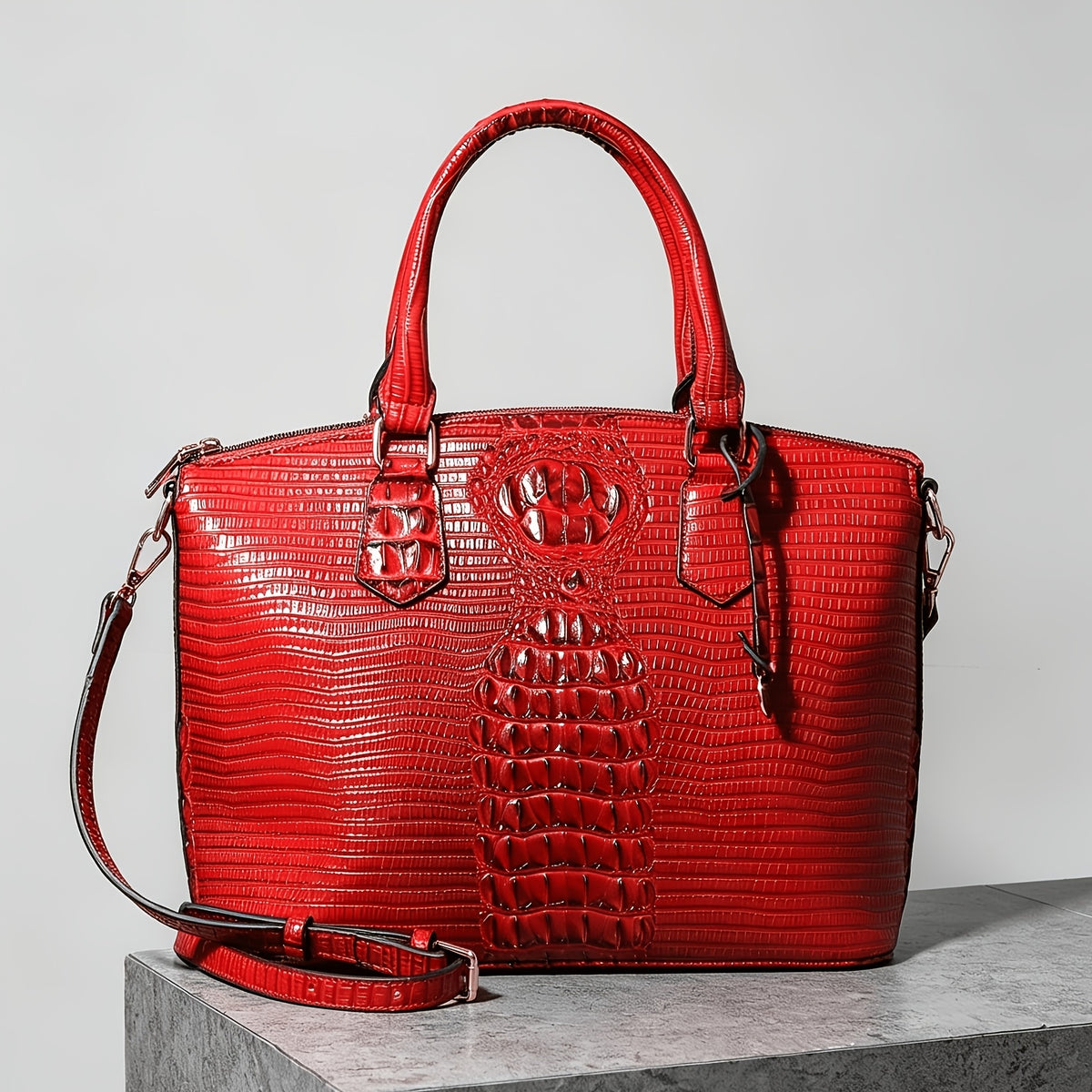 Crocodile-Design Work Handbag for Women with Detachable Shoulder Strap and Zipper Closure, Spacious Crossbody-Style Purse for Office and Everyday Wear