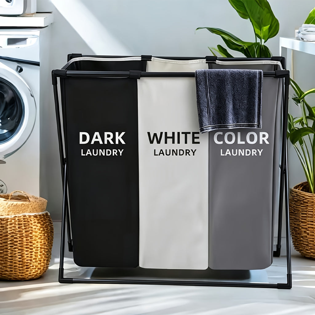 Three-Section Foldable Laundry Hamper Sorter with Listed Oxford Bags and Handles, Rectangular 3 BAG Option for Bedroom, Bathroom and College Dorm Organization