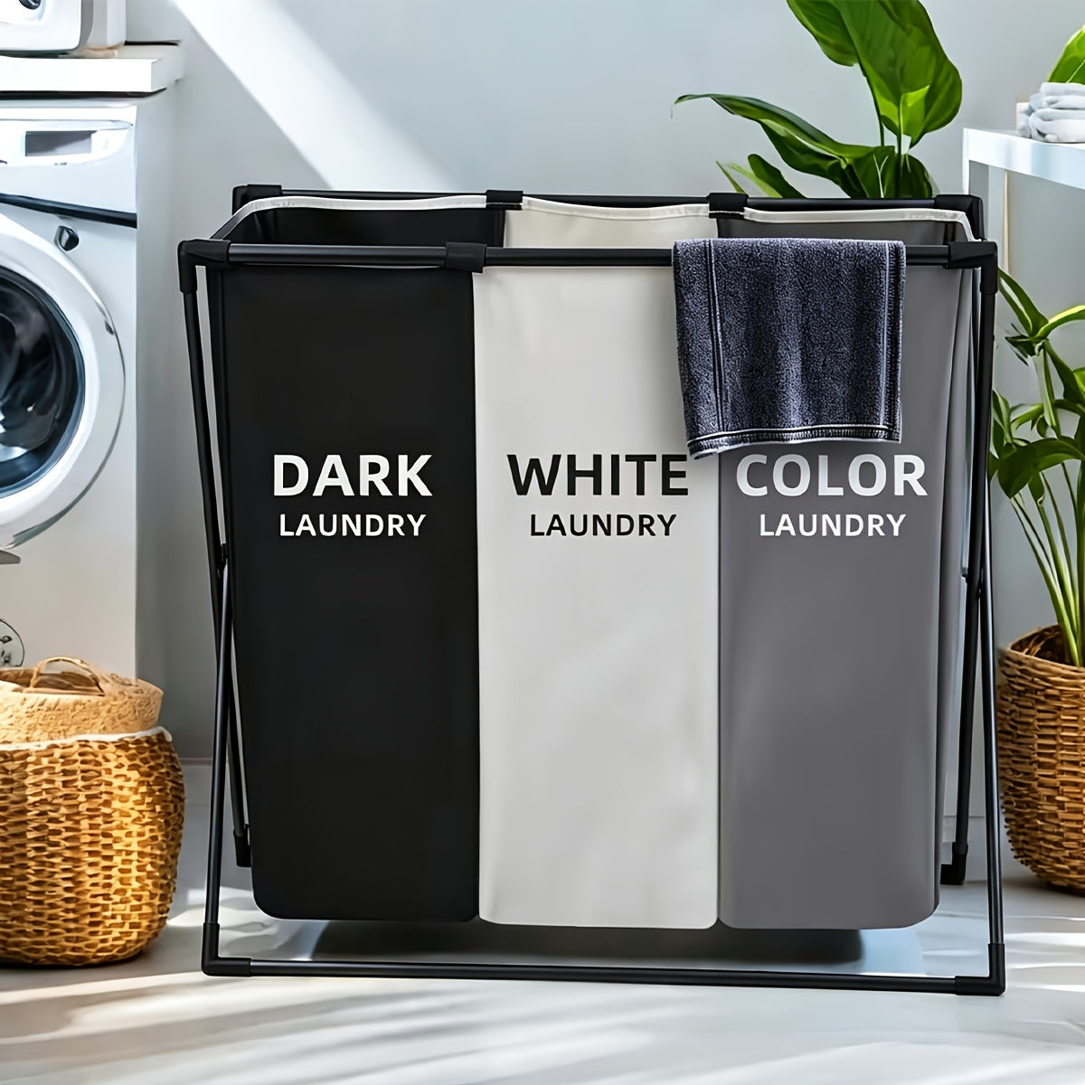 Three-Section Foldable Laundry Hamper Sorter with Listed Oxford Bags and Handles, Rectangular 3 BAG Option for Bedroom, Bathroom and College Dorm Organization