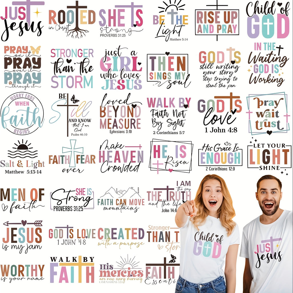 Christian Bible-Themed Iron-On Transfers, 36-Sheet Fabric Decoration Set for Compatible T-Shirts, Jackets, Hoodies, Backpacks and Pillow Cover Craft Projects