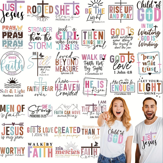 Christian Bible-Themed Iron-On Transfers, 36-Sheet Fabric Decoration Set for Compatible T-Shirts, Jackets, Hoodies, Backpacks and Pillow Cover Craft Projects