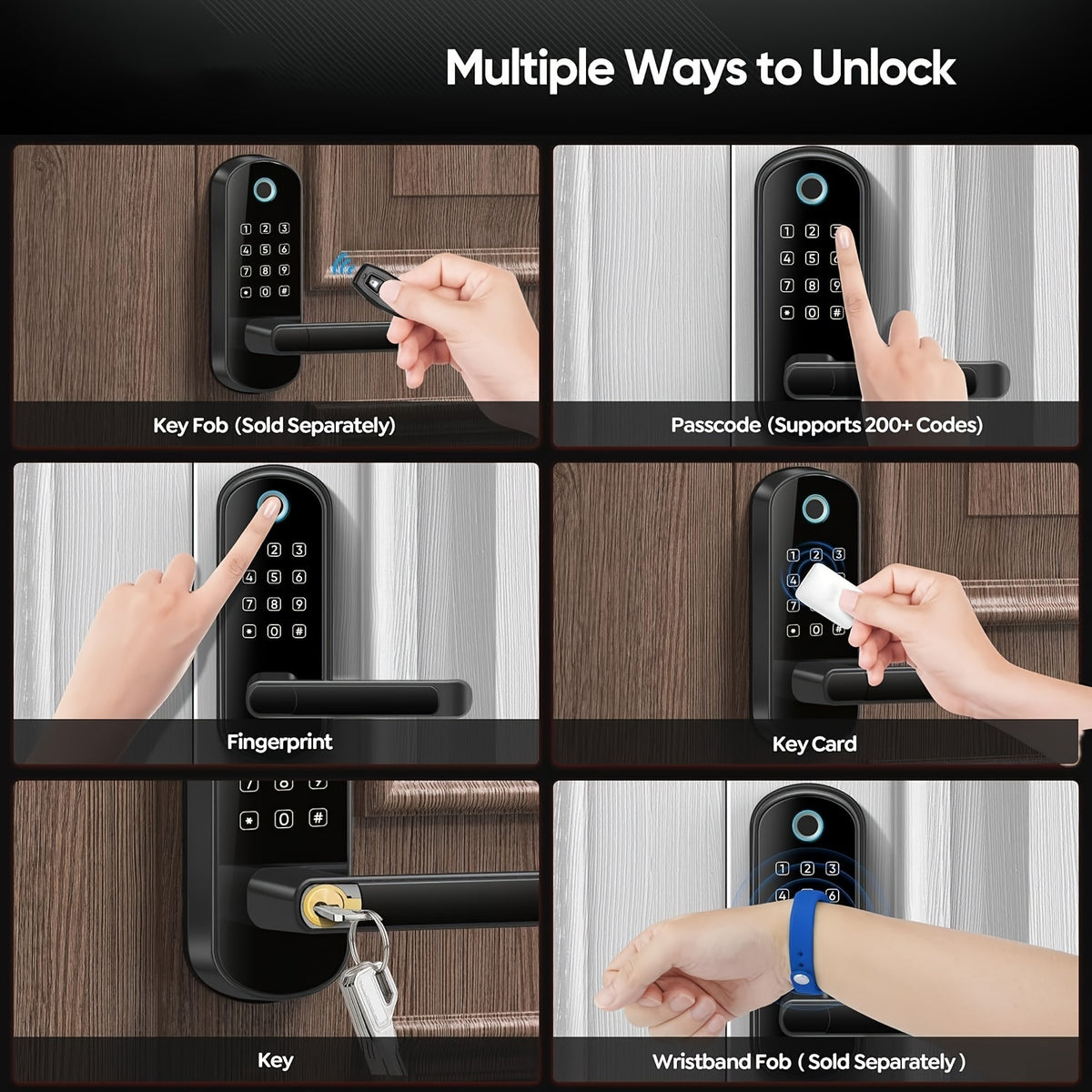 WiFi Smart Door Lock with Handle, Listed Fingerprint and Digital Keypad Access in Black or Silvery for Compatible Home Entryways, Office and Garage Access Doors