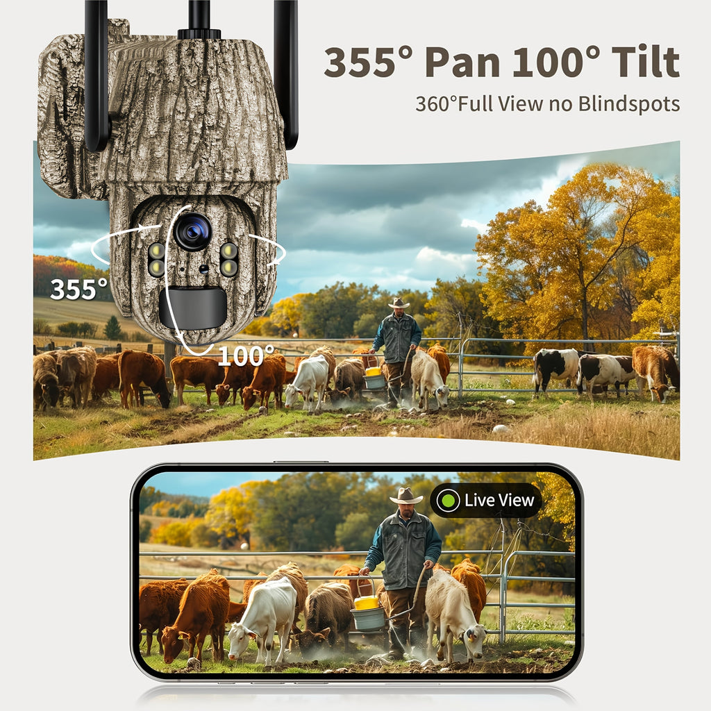 2K Cellular Trail Camera with Solar Panel and SIM Card, Listed 4G LTE Remote Pan Tilt, Spotlight Color Night Vision and Two-Way Audio in Camouflage One- or Two-Camera Packs