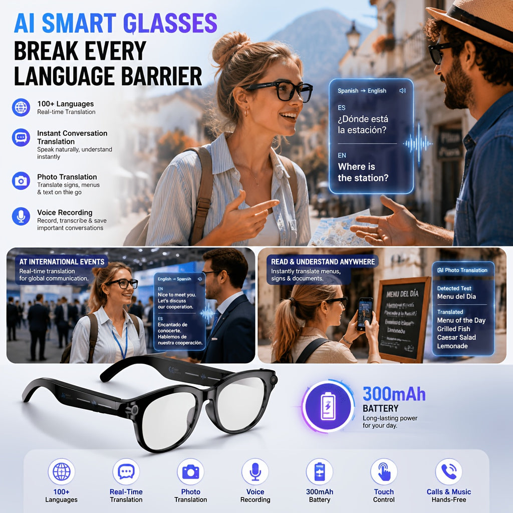 Replaceable-Lens AI Smart Glasses with Listed 8MP Camera, Image Stabilization, Video and Audio Recording, Translation, Voice Control and Music Playback