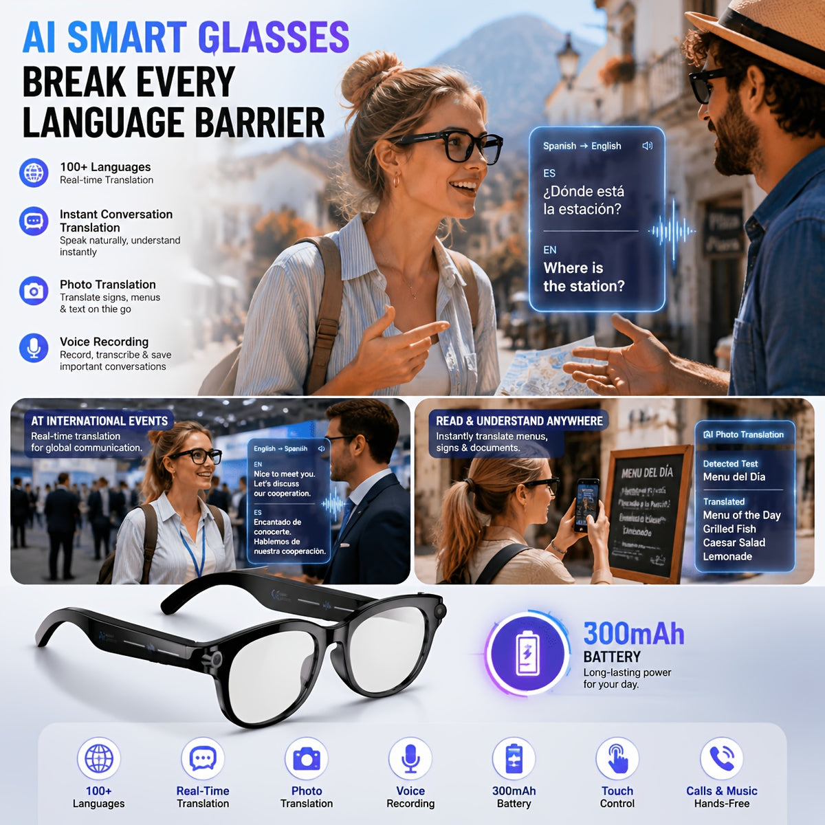 Replaceable-Lens AI Smart Glasses with Listed 8MP Camera, Image Stabilization, Video and Audio Recording, Translation, Voice Control and Music Playback