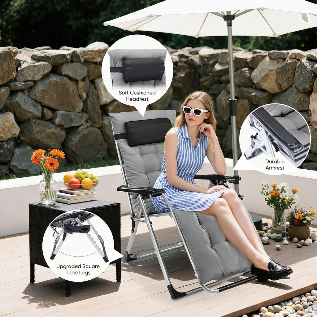 Cushioned Zero Gravity Recliner with Cup Holder Tray and Detachable Cushion, Folding Outdoor Lounge Chair with Headrest Reference and Six Color Options