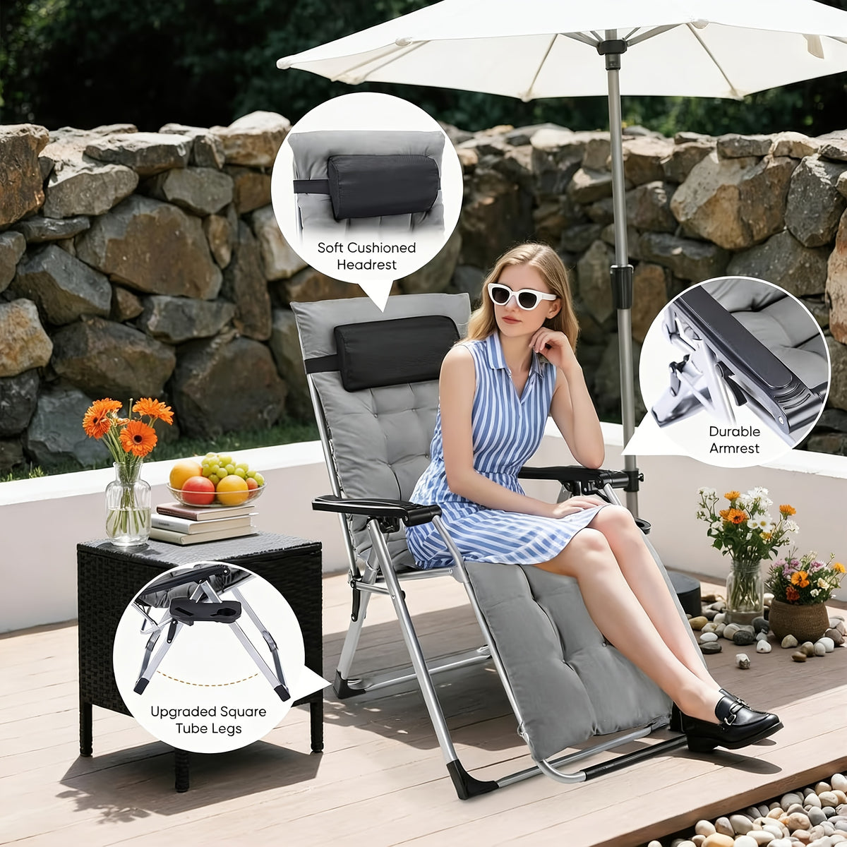 Cushioned Zero Gravity Recliner with Cup Holder Tray and Detachable Cushion, Folding Outdoor Lounge Chair with Headrest Reference and Six Color Options